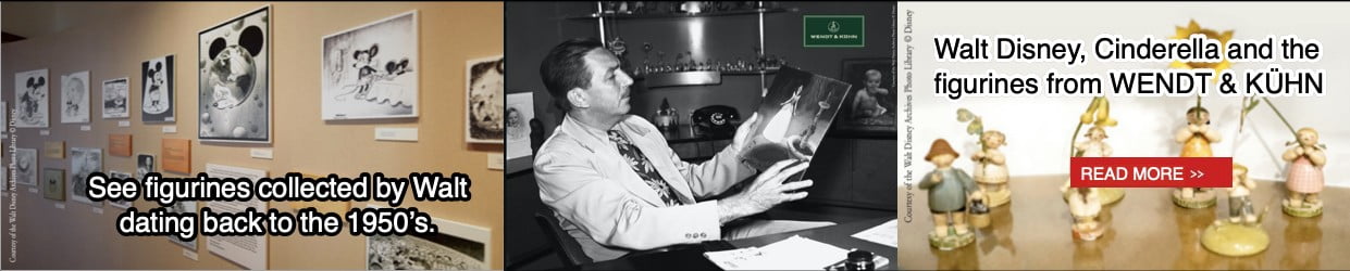 1950s Walt Disney sitting in his chair holding picture of Cinderella. Back walls show shelf with figurines Walt collected.