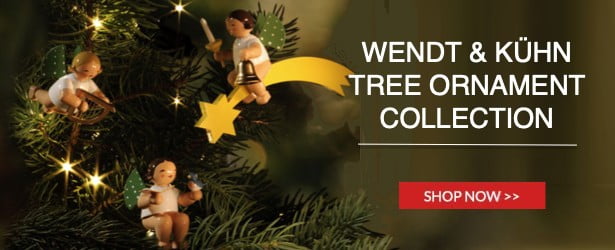 Wendt & Kühn Tree Ornament Collection - tiny heavenly Angels are suspended in golden rings and on crescent moons, riding on stars and comet tails.